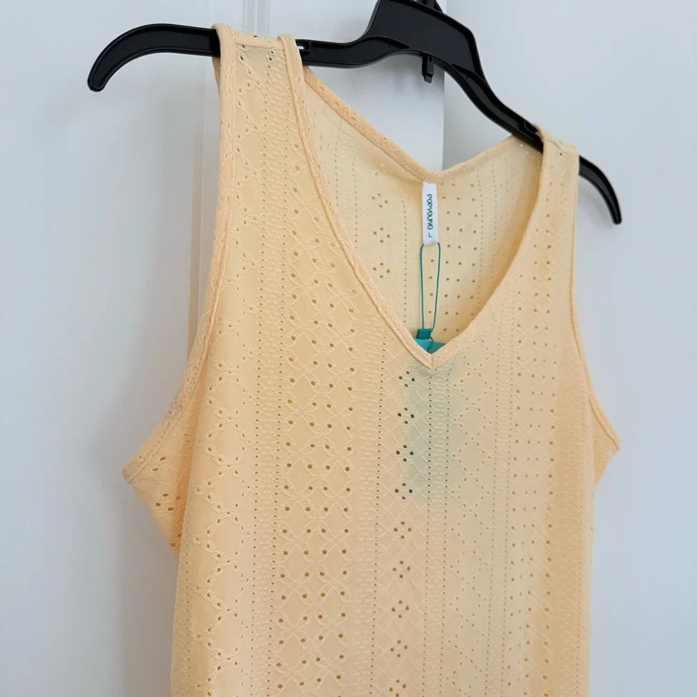 POPYOUNG NWT Bodycon Minidress Beach Cover Up Pale Yellow Eyelet Sheer V-Neck L